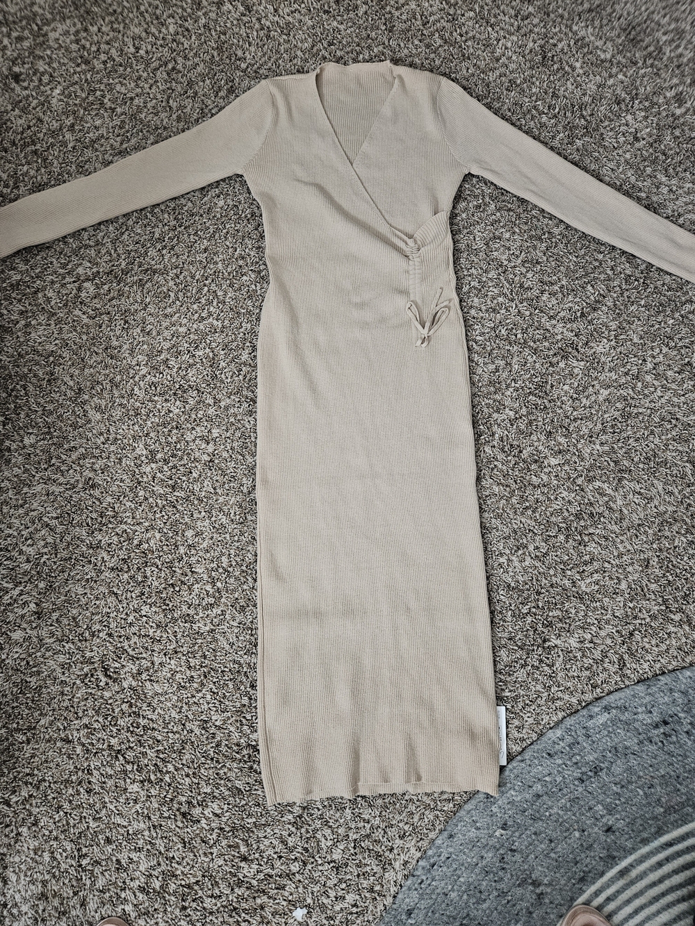 NWT Cupshe Beige Ribbed Wrap-Front Maxi Dress Long Sleeve Tie Waist NWT